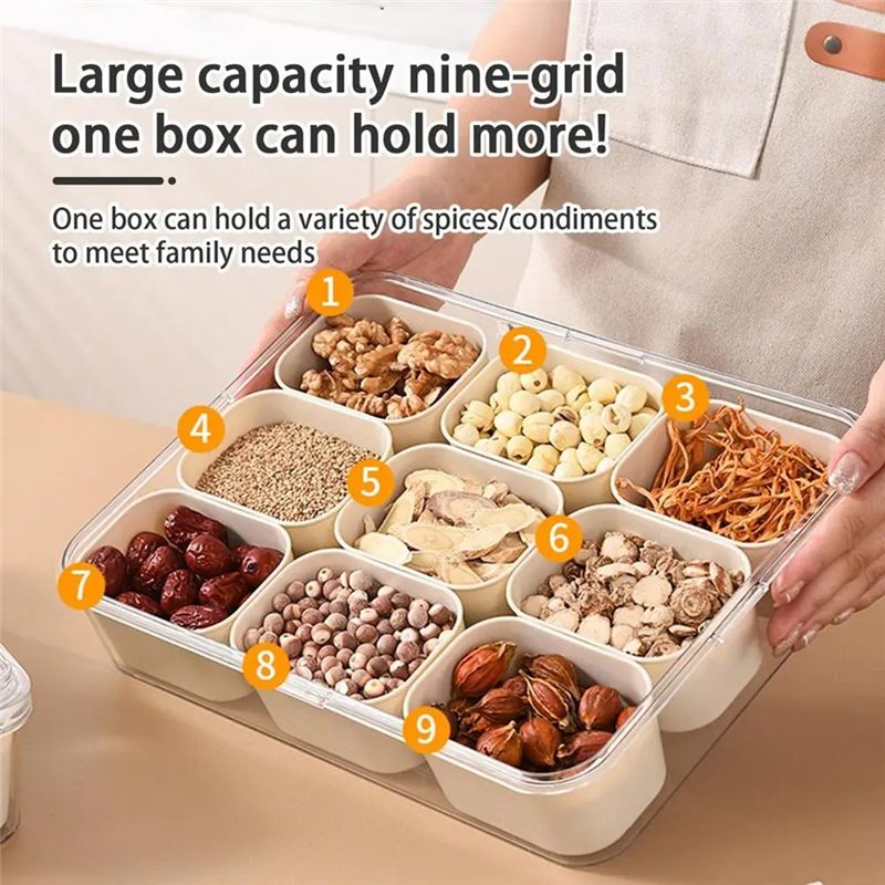 Food Snacks Candy - 9 Bölmeli Kapaklı Servis Tepsisi Taşınabilir